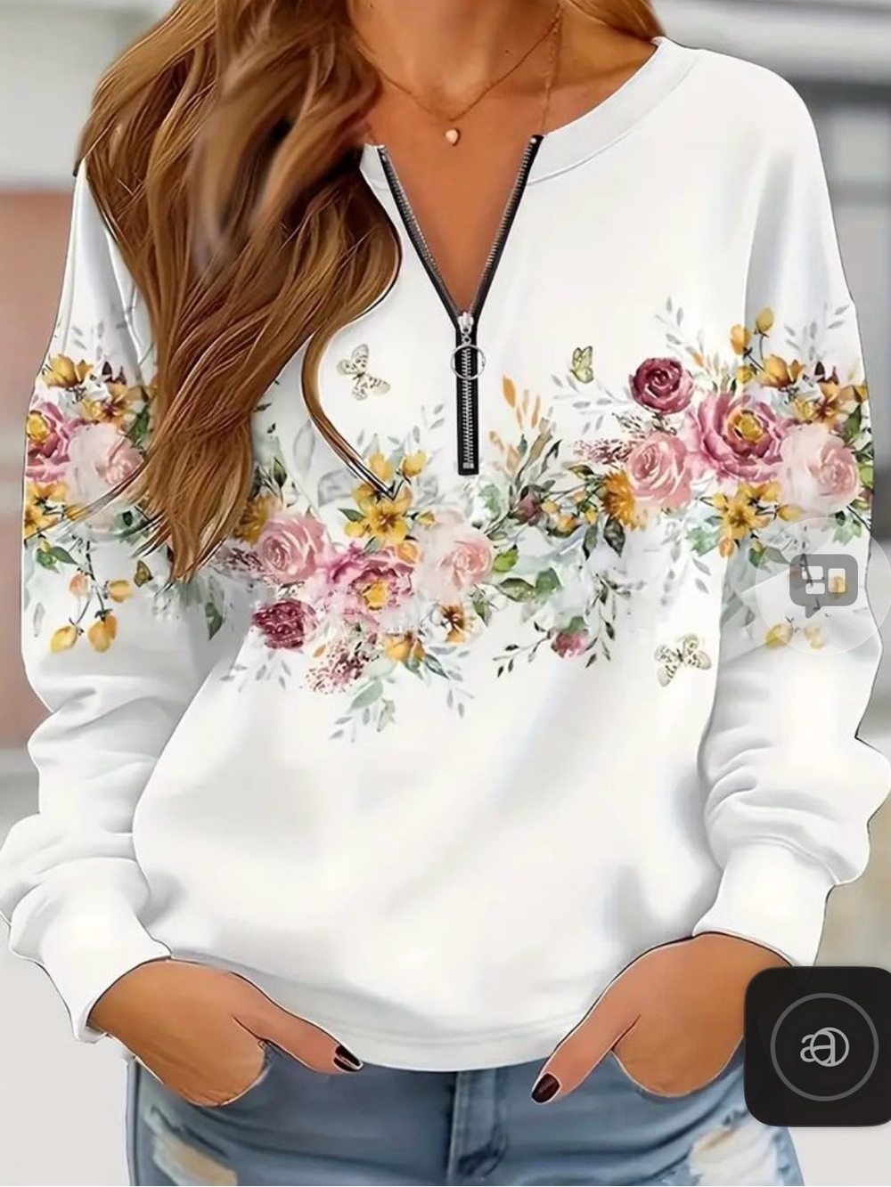 Floral Print Zip Sweatshirt Casual Long Sleeve Crew Neck - SHEIN